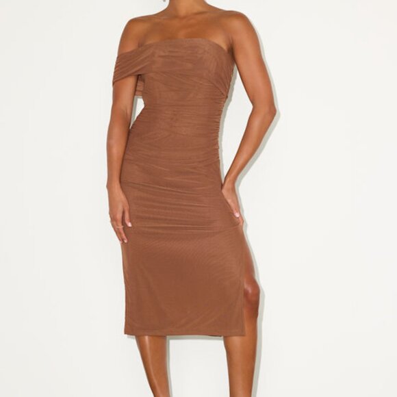 Lulus Dresses & Skirts - Lulus Jayleen Brown Mesh One-shoulder Midi Dress - Size M